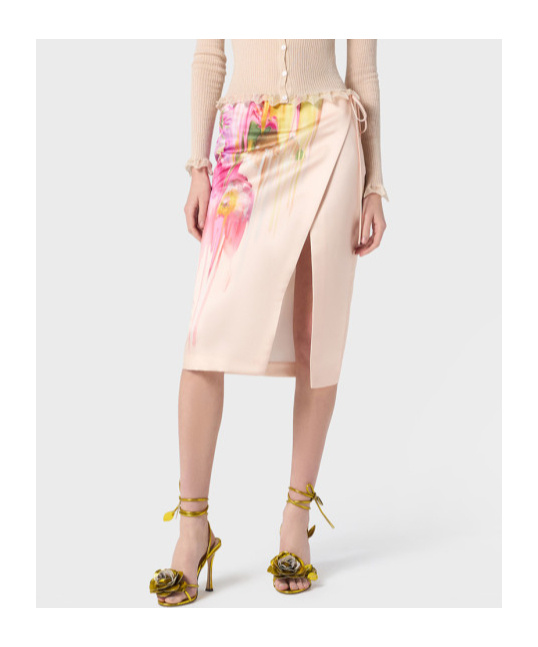 Blumarine Midi Skirt In Duchesse With Liquid Flower Print In Nude