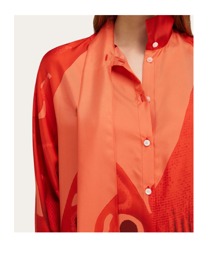 Ferragamo Fish Print Silk Shirt With Sash In Orange