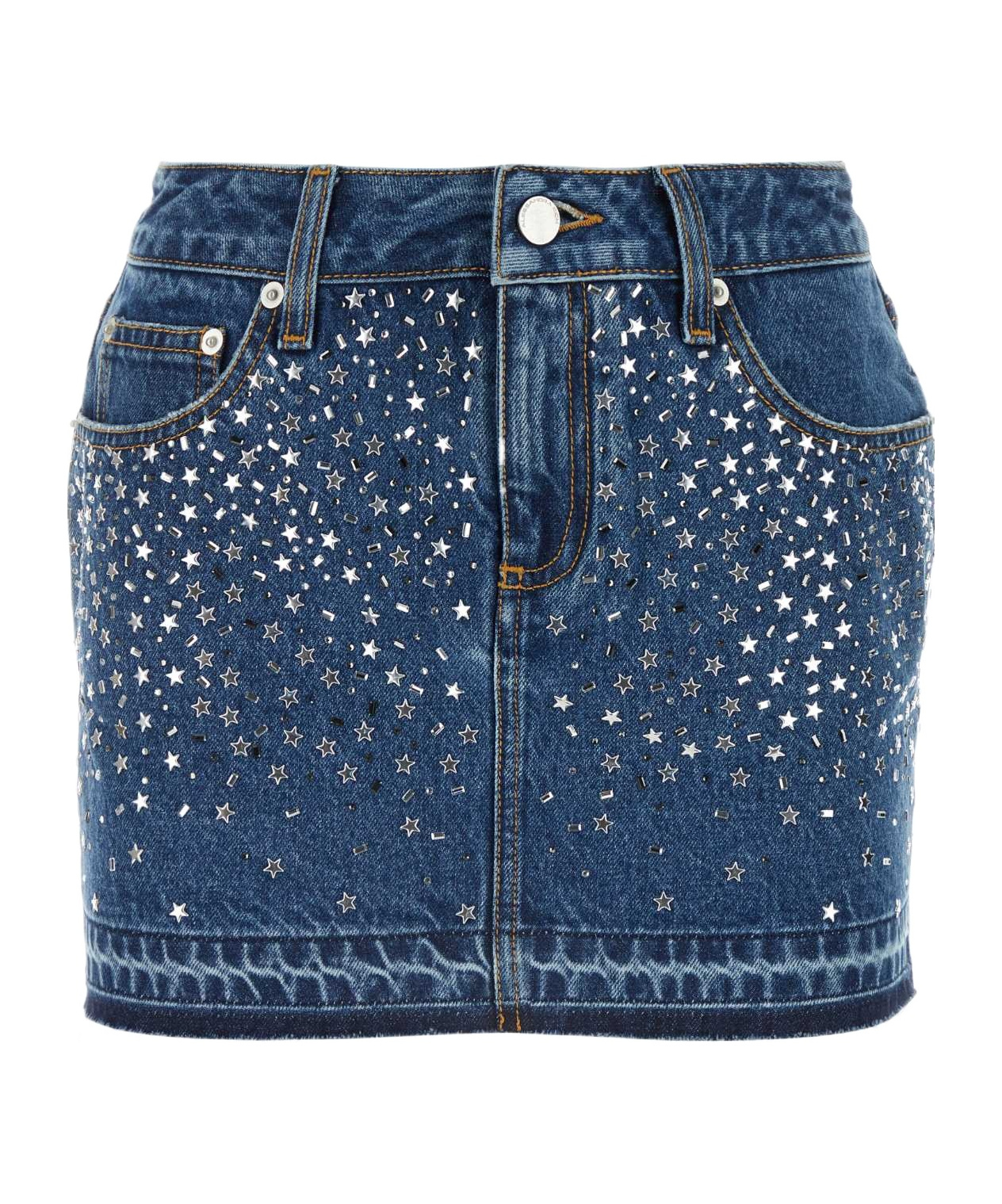 Alessandra Rich Embellished Frayed Hem Denim Mini Skirt In Blue