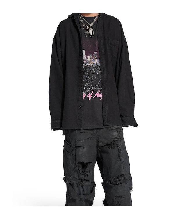 Balenciaga Layered Distressed Long Sleeve Graphic Shirt In Black