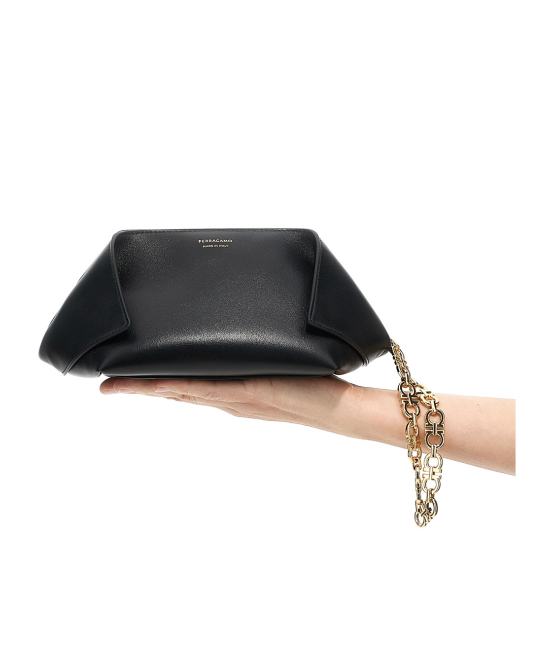 Ferragamo Chain Strap Leather Clutch With Gold-tone Hardware In Black