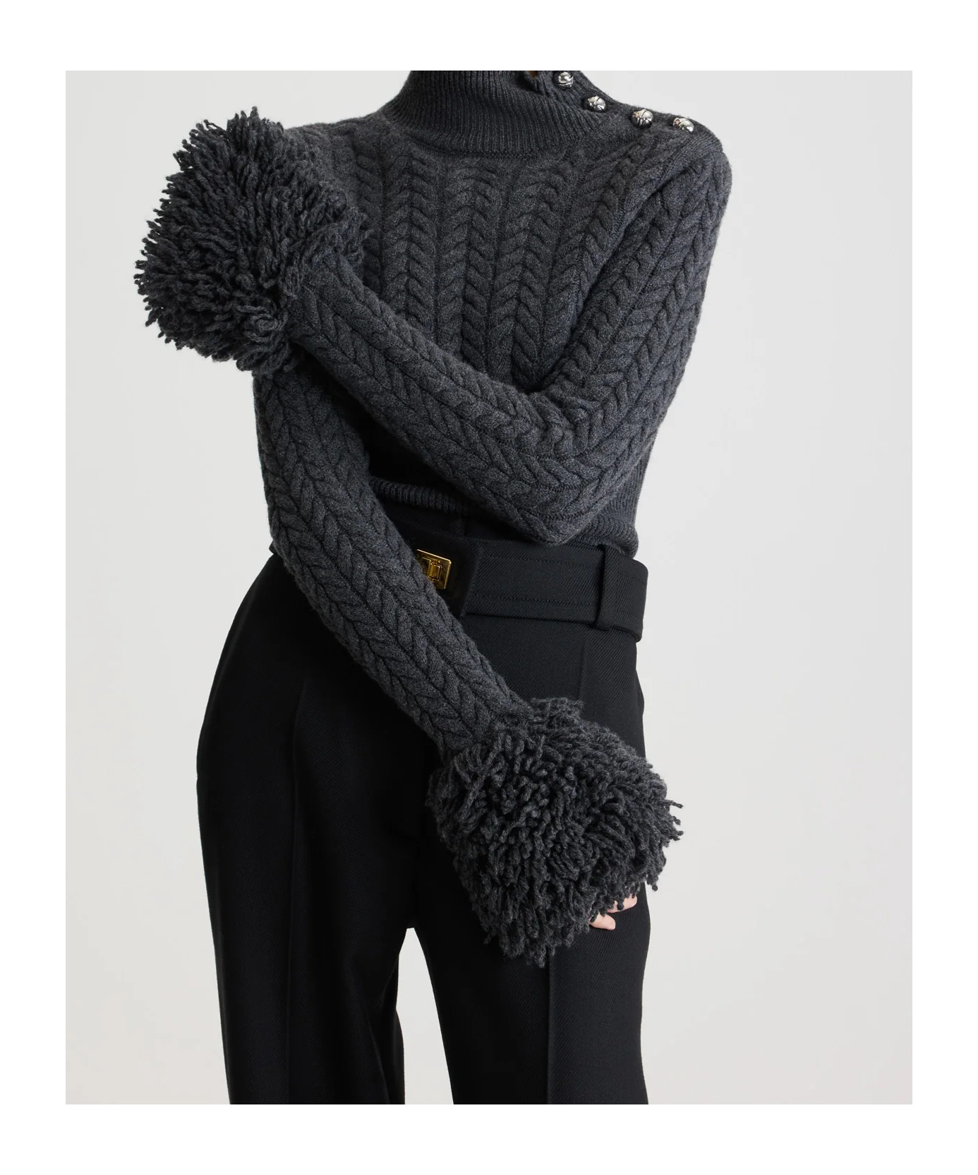 Patou Cropped Fringed Cable-knit Merino Wool And Cashmere-blend Sweater In Gray