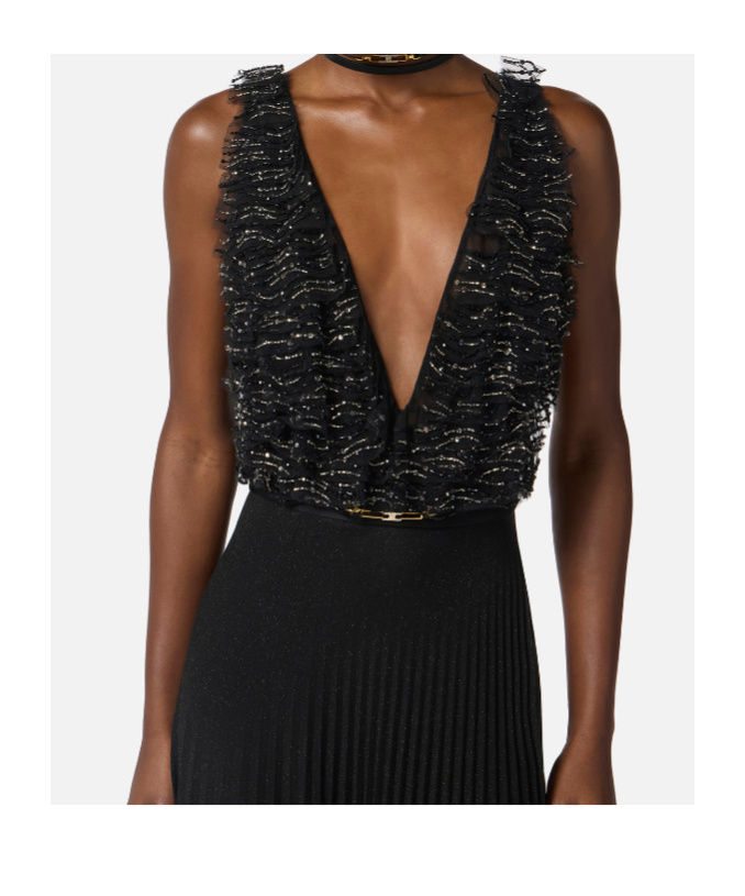 Elisabetta Franchi Abito Red Carpet In Tulle E Jersey Con Cristalli In Black