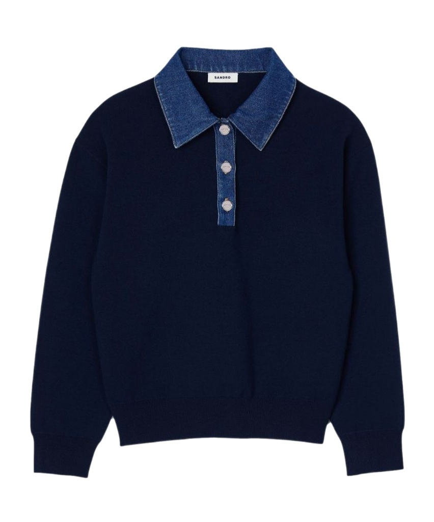 SANDRO SWEATER WITH DENIM COLLAR