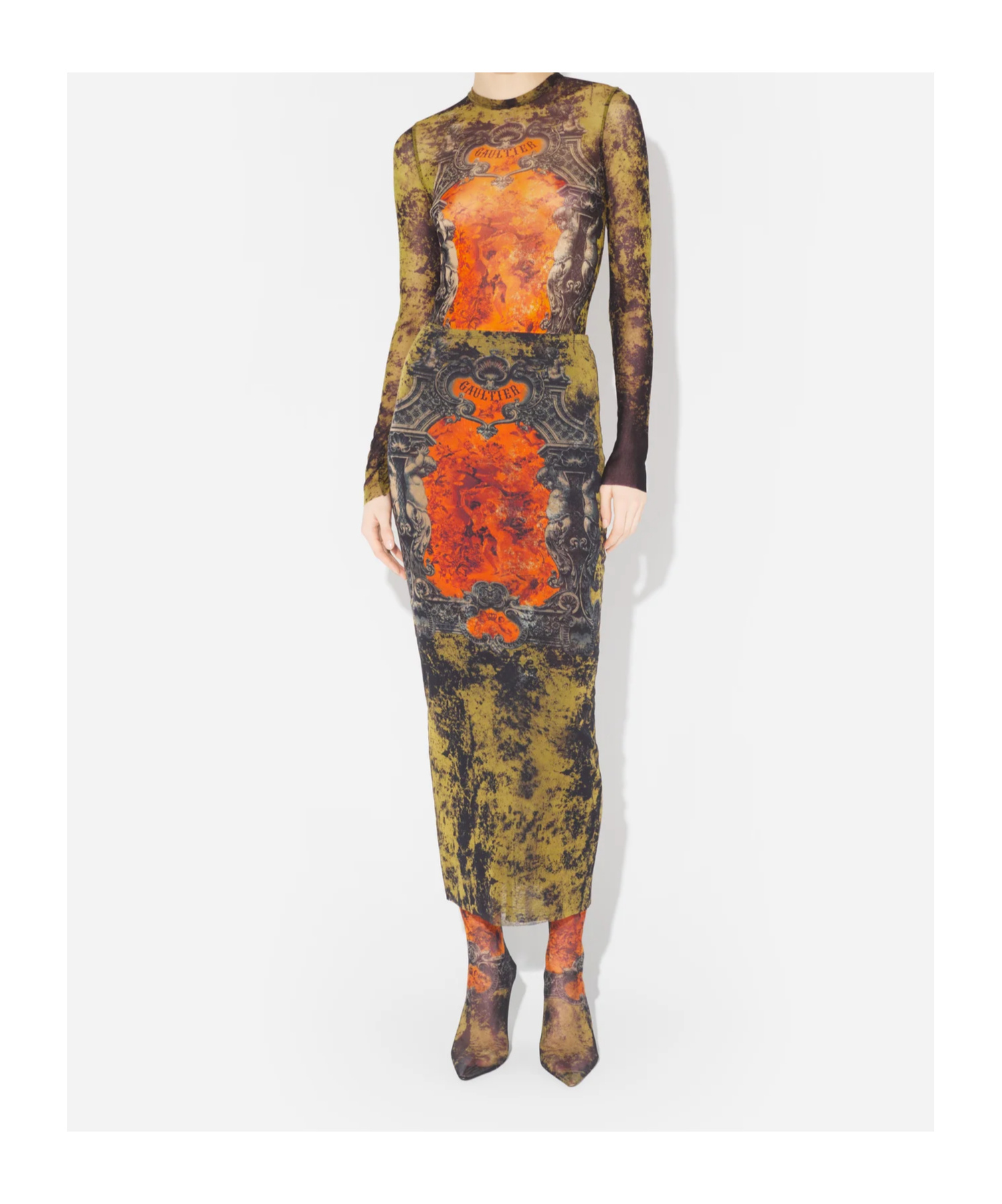 Jean Paul Gaultier Mesh Long Skirt Printed 'médaillon'