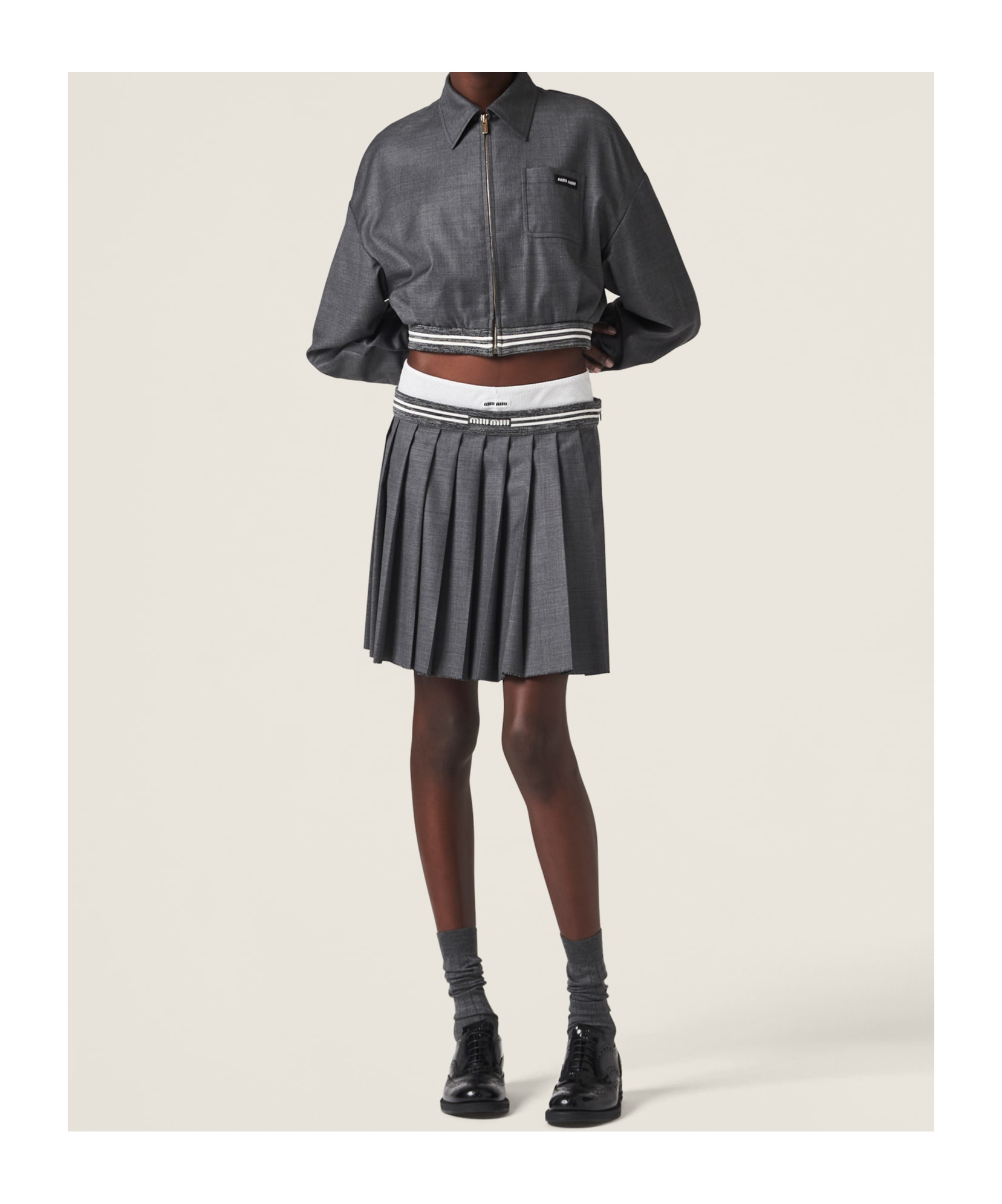 Miu Miu Gray Grisaille Pleated Miniskirt In Gray