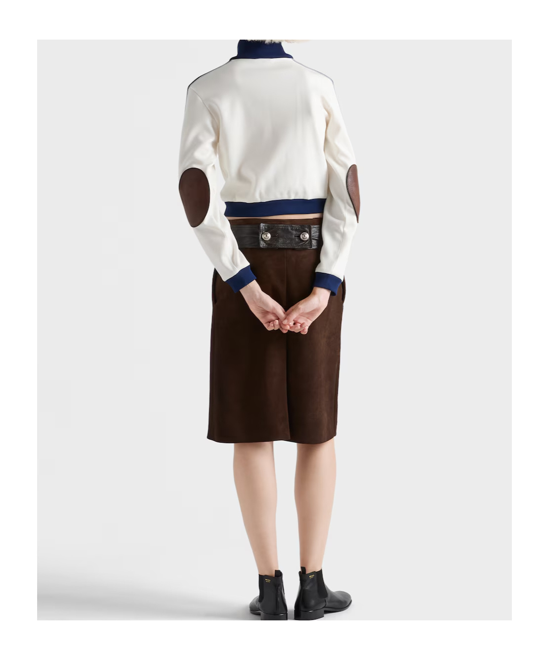 Prada Leather-elbow Patches Striped Sweatshirt In White