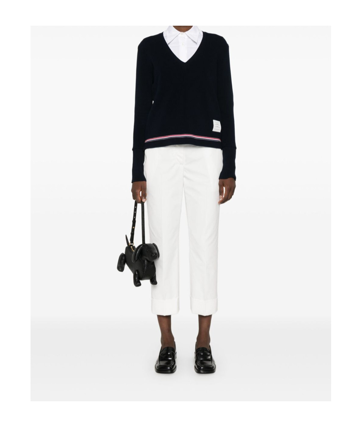 Thom Browne Cotton Pique V Neck Long Sleeve In Black
