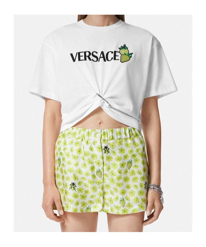 Versace Strawberry Garden Safety Pin Cropped T-shirt In White