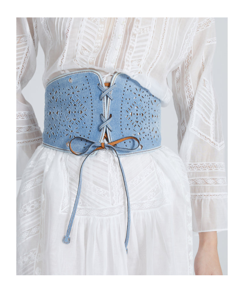 ERMANNO SCERVINO DENIM CORSET WITH LACES AND GEOMETRIC CARVING