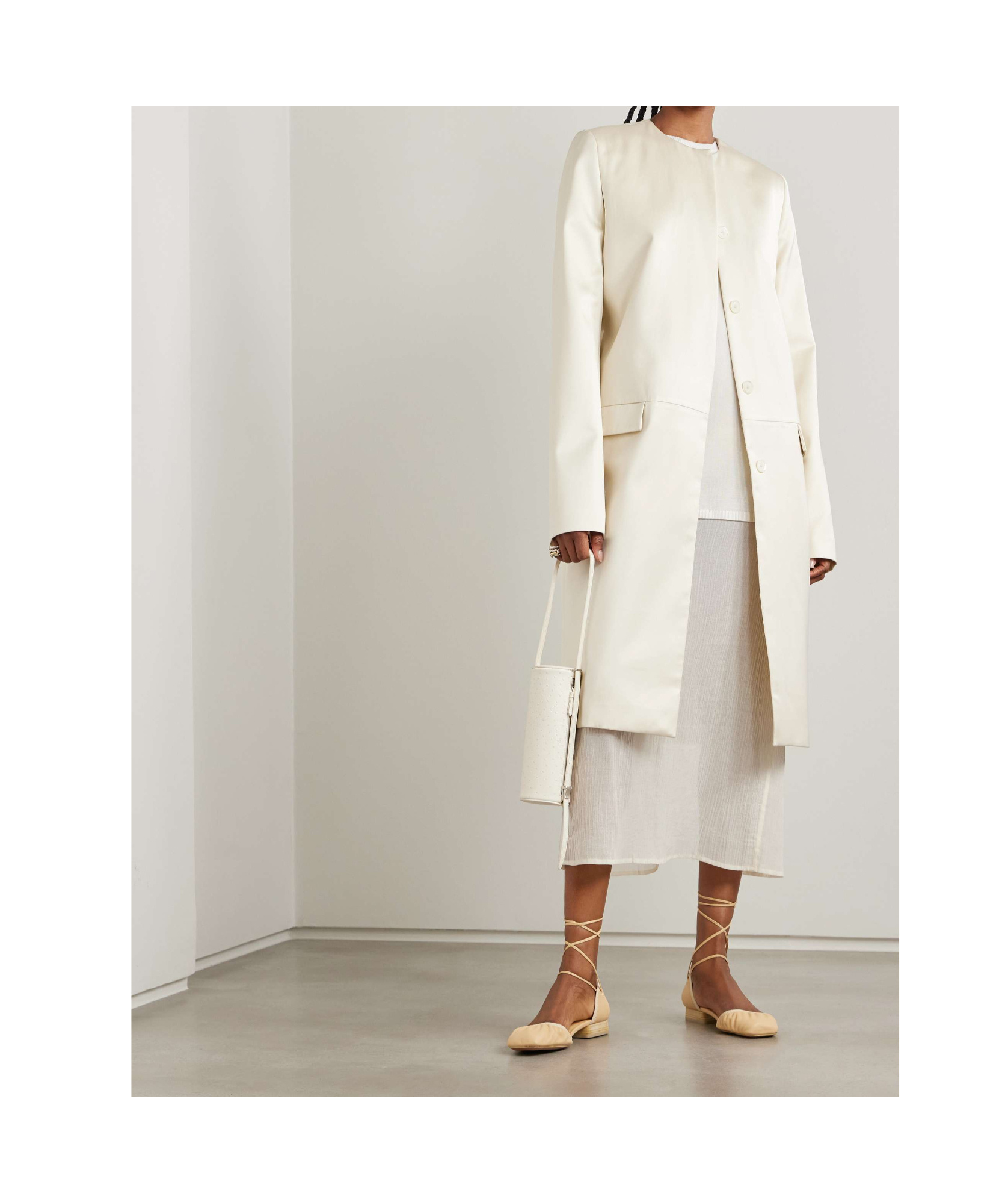 Totême Collarless Silk Coat In White