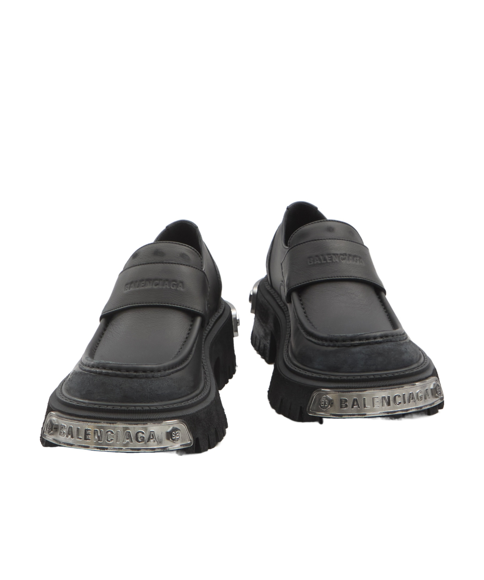 Balenciaga Black Leather Tractor Loafers Men In Blacksilver
