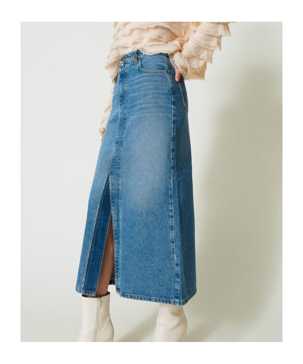 Twinset Medium Length Denim Skirt With Slit In Blue