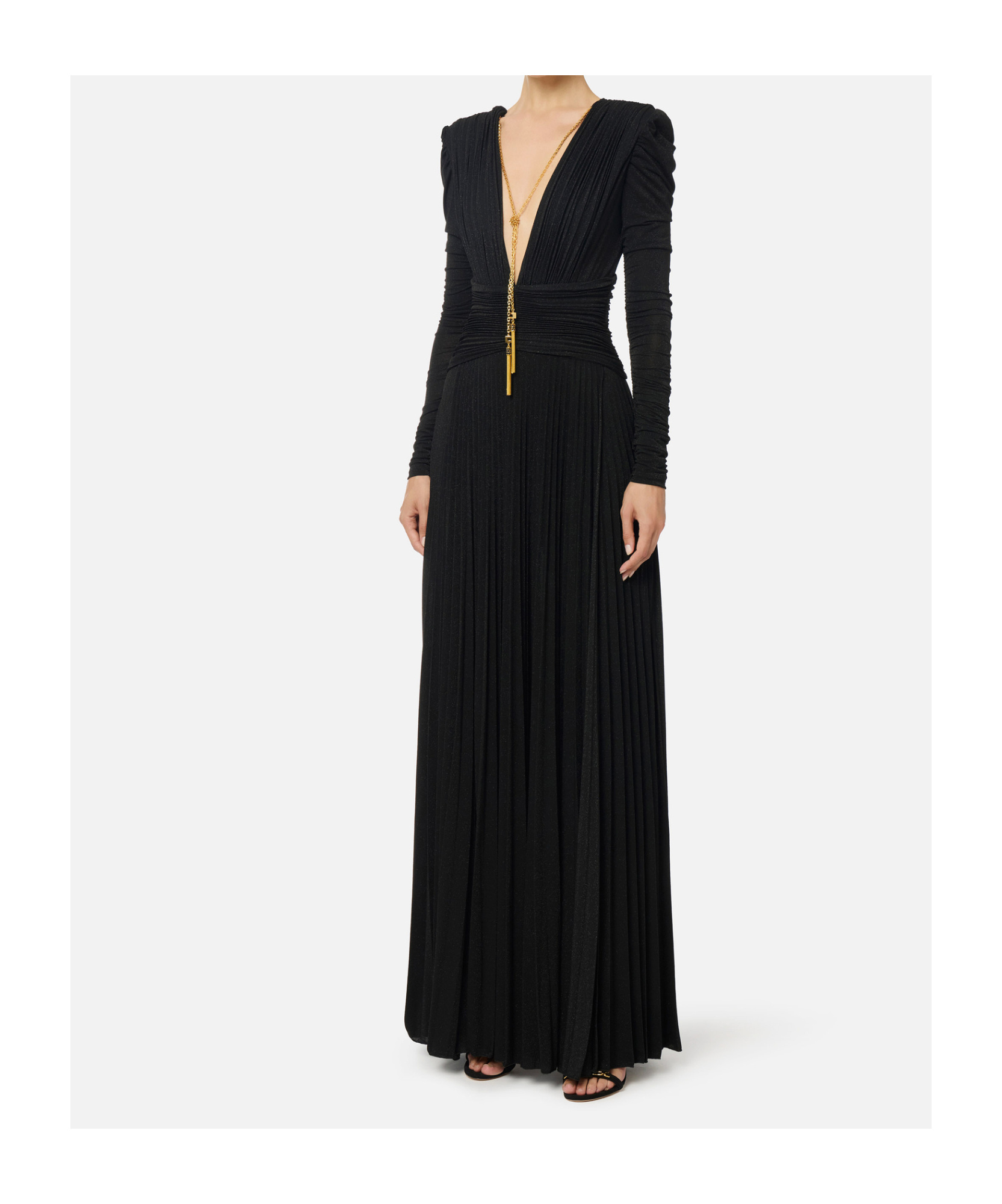 Elisabetta Franchi Chain Detail Pleated Dress With Ruched V-neckline In Black
