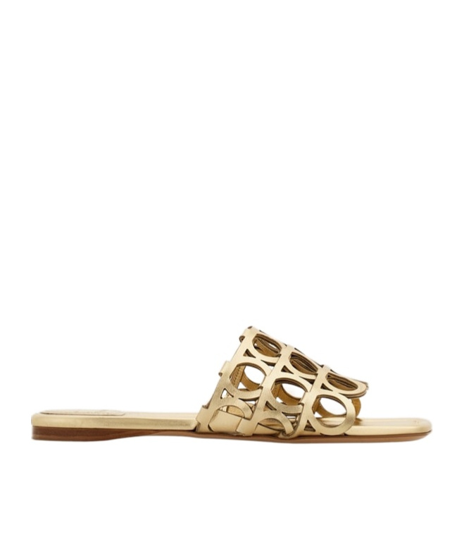 Ferragamo Erne Gancini Leather Slides In Gold