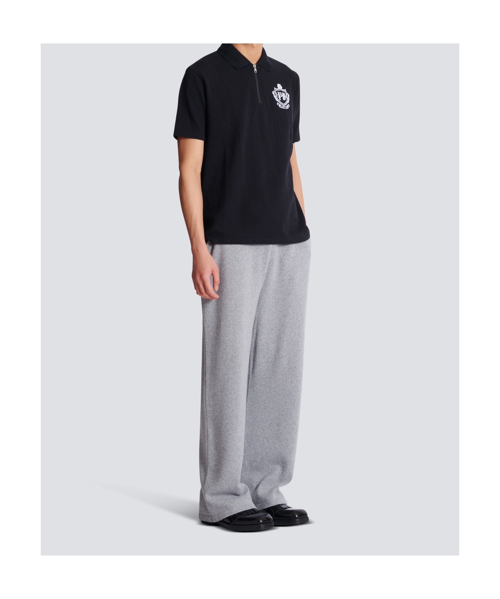 Balmain Short Sleeve Zip Collar Polo Shirt In Black
