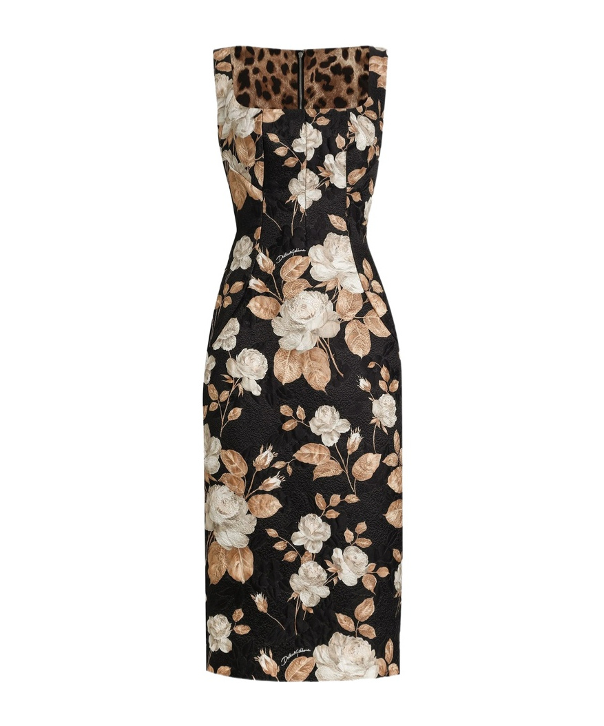 Dolce & Gabbana Rose-print Square-neck Midi Dress In Black