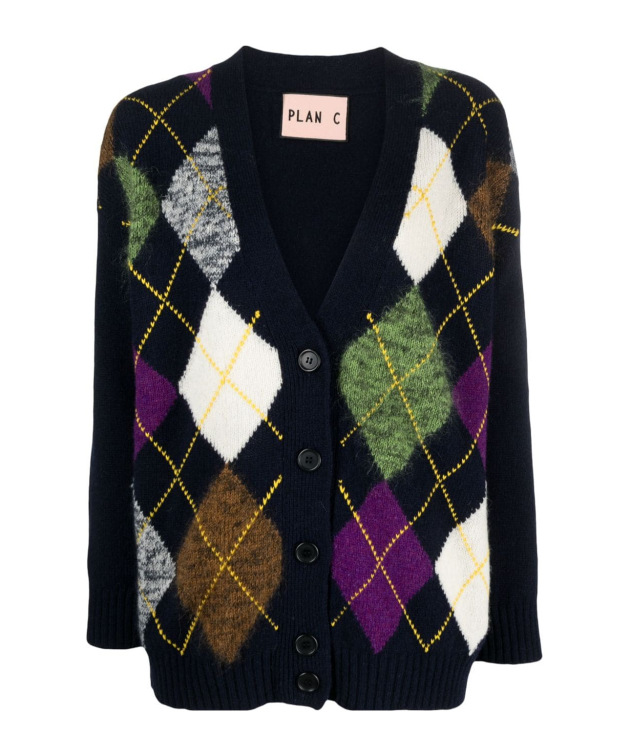Plan C Argyle Pattern Knit Cardigan With V Neck In Black/multicolor