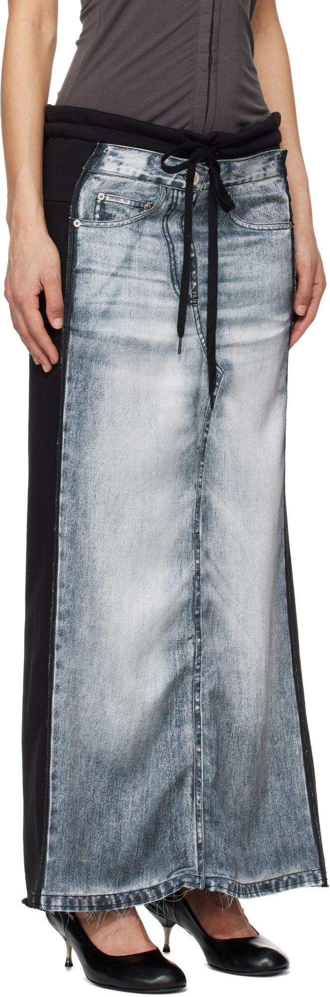 Open Yy Front Jean Effect Jersey Skirt In Gray