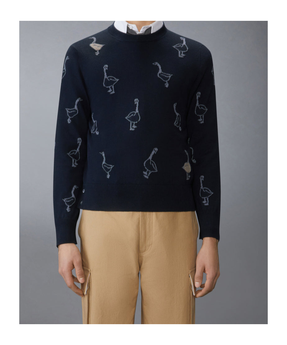 Thom Browne Goose Pattern Long Sleeve Crew Neck Sweater In Blue