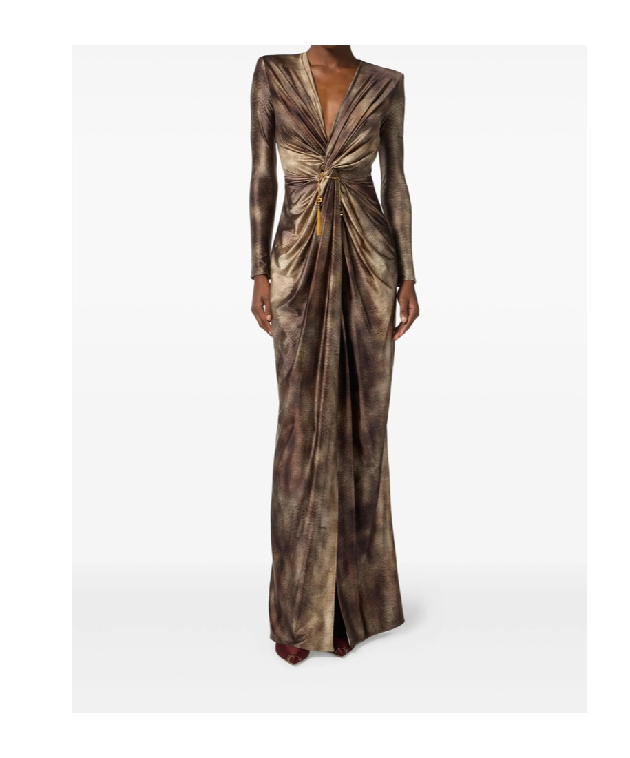 Elisabetta Franchi Draped Metallic Knee Length Dress With Sleeves In Brown