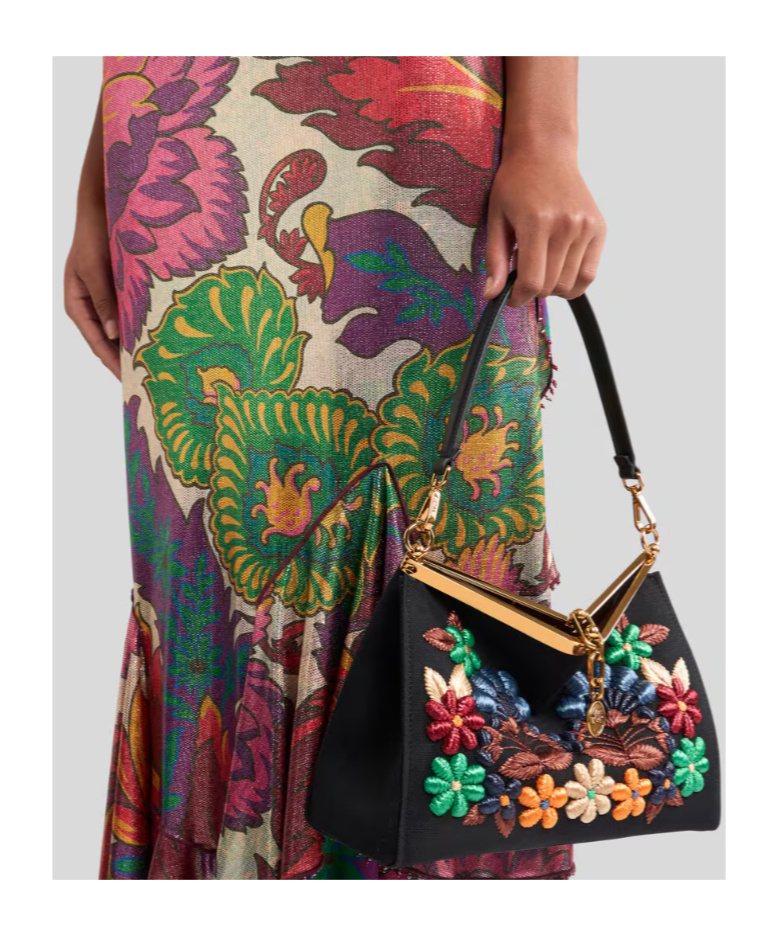 Etro Medium Vela Bag With Flowers In Black