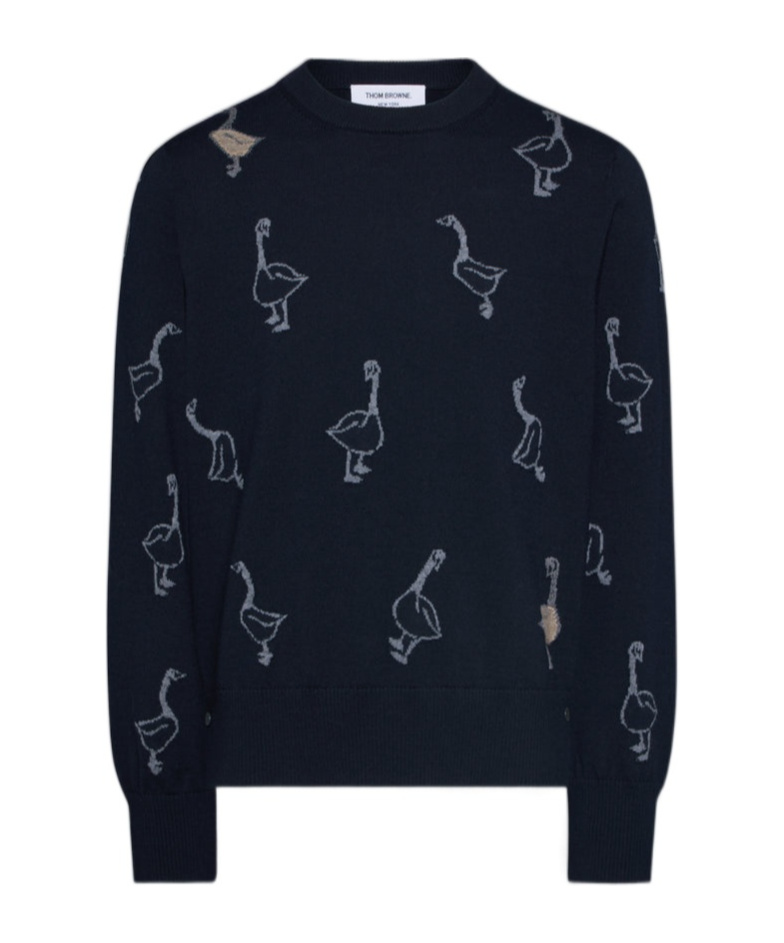 Thom Browne Goose Pattern Long Sleeve Crew Neck Sweater In Blue