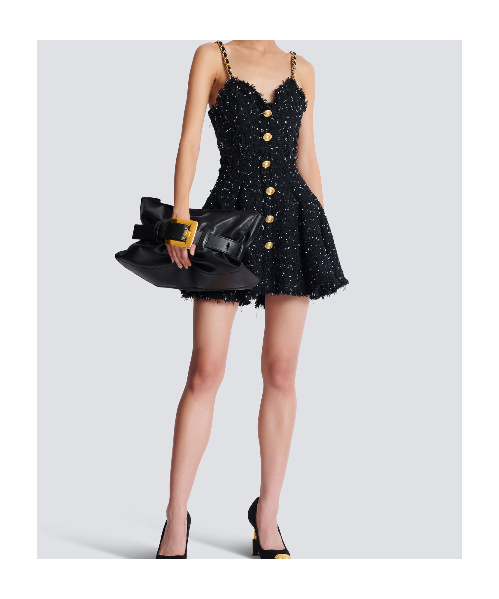 Balmain Short Polka Dot Dress With Chain Straps In Black