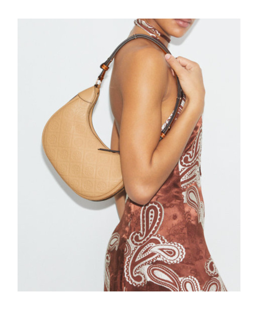 Tory Burch T Monogram Pebble Crescent Bag In Brown