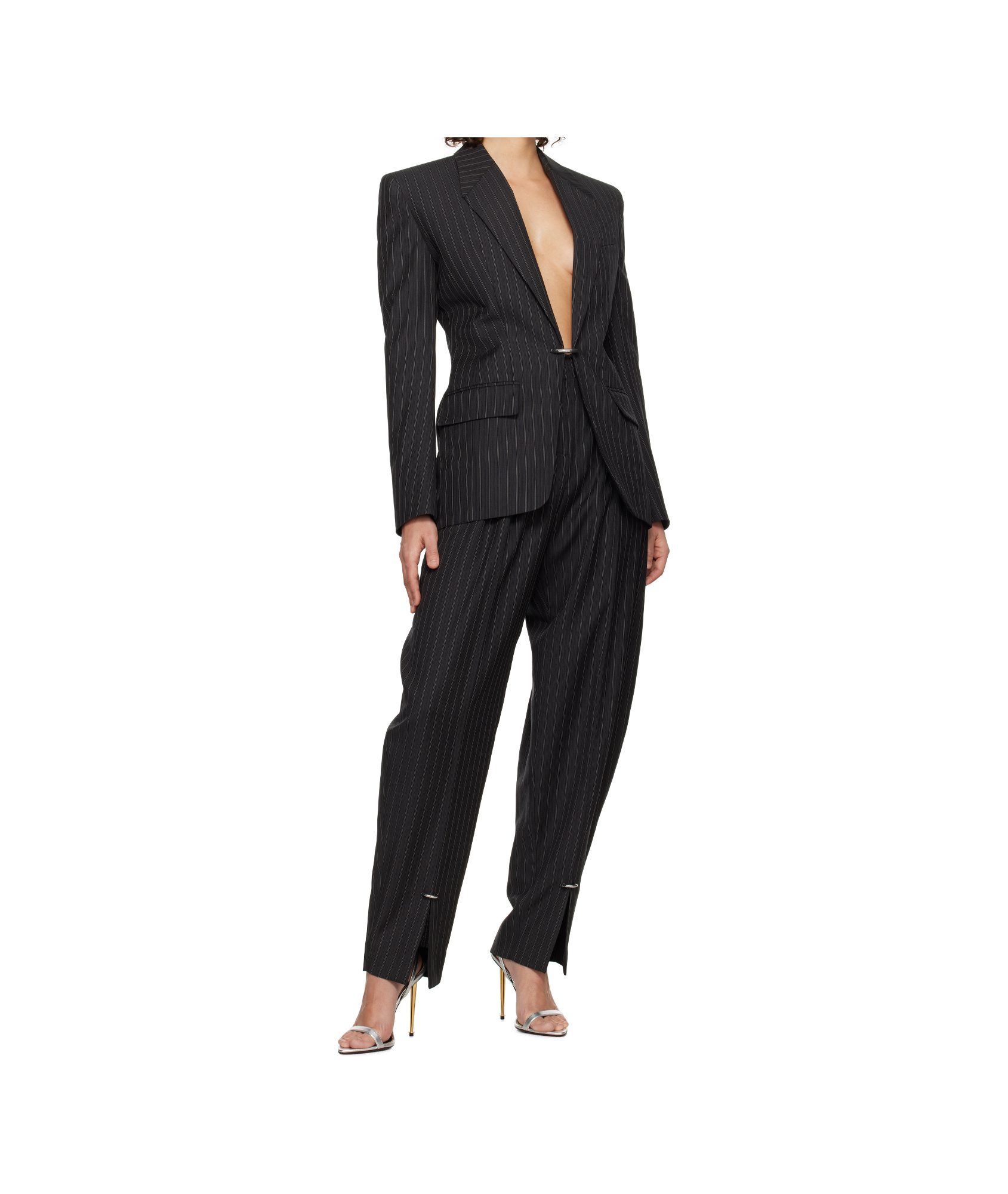 Mugler Black Pinstripe Pierced Tailored Blazer In Black