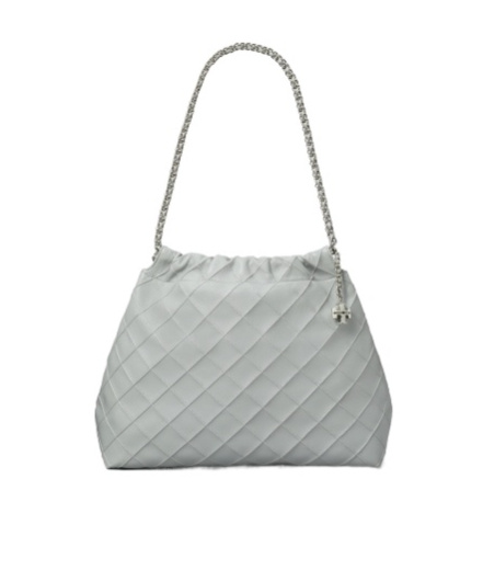 Tory Burch 'fleming' Grey Diamond Quilted Shoulder Bag With Chain-link Handles