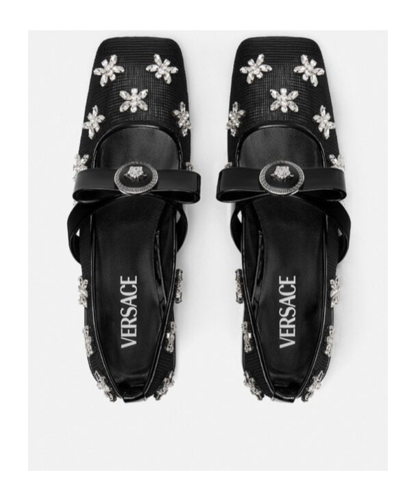 Versace 20mm Net & Crystals Ballerina Flats In Black