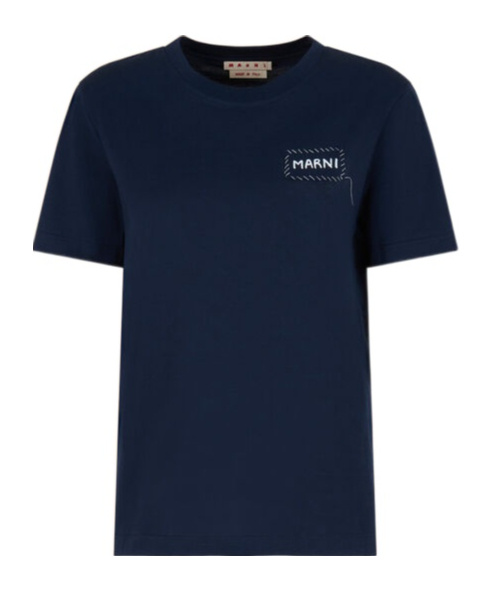 Marni Relaxed Fit Black T-shirt With Subtle Embroidered Logo In Blue