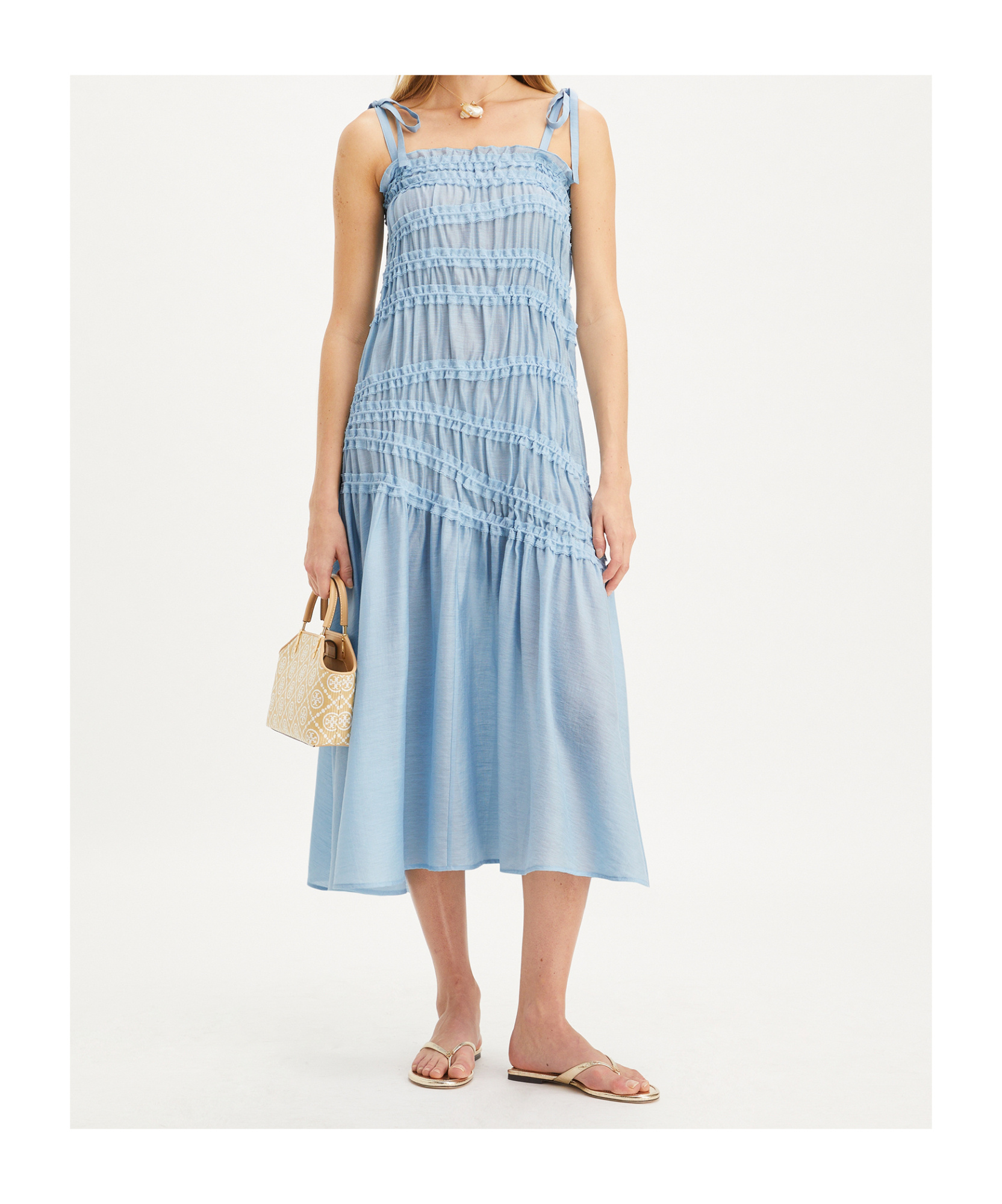 Shop Tory Burch Shirred Midi Dress In Blue