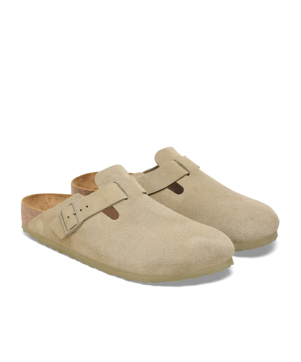 Birkenstock Boston Suede Leather Sandals In Green In Nude