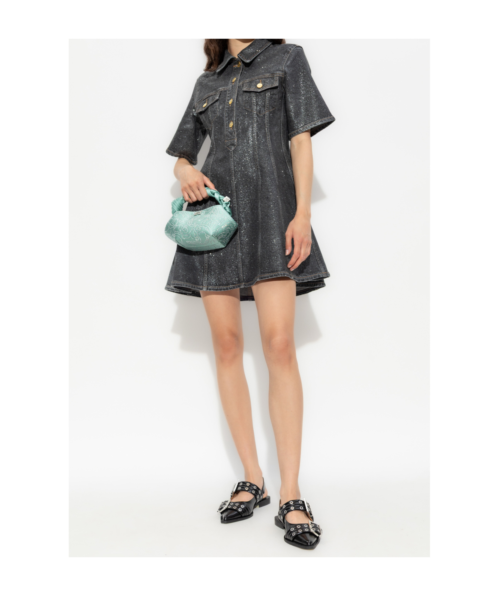 Ganni Shimmery Foil Denim Mini Dress In Gray