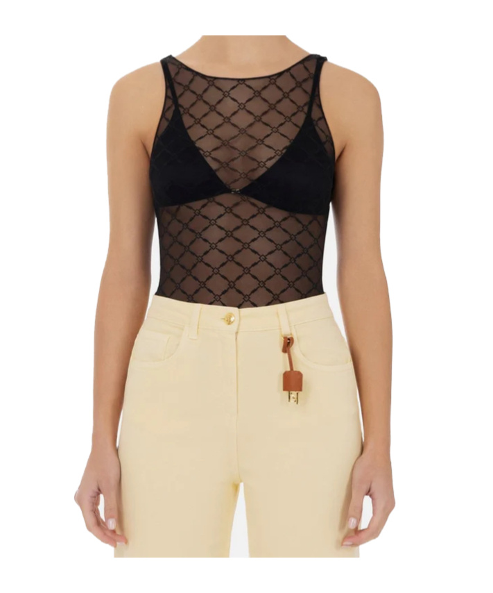 Elisabetta Franchi Sheer Patterned Tulle Bodysuit In Brown