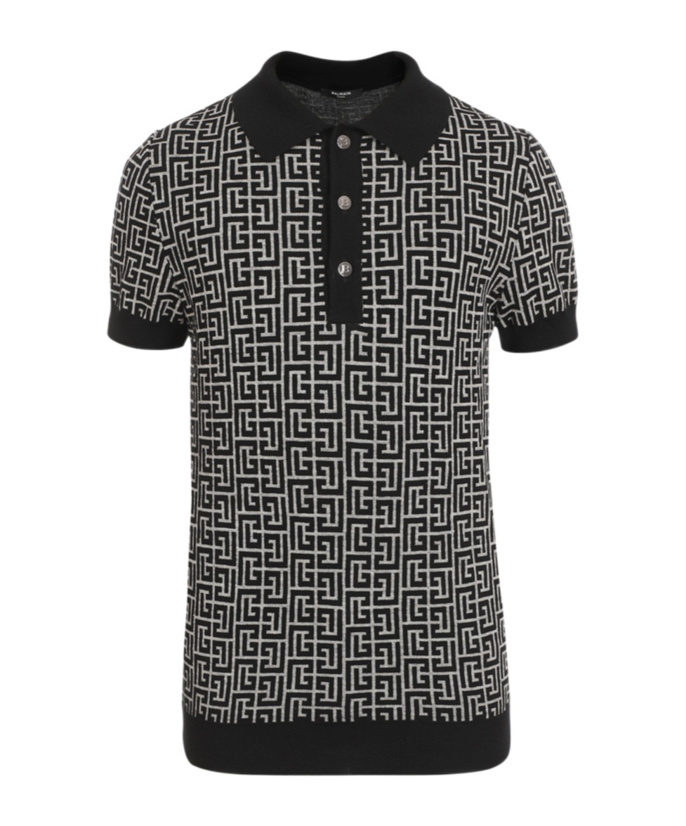 Balmain Monogram Pattern Polo With Classic Collar In Black
