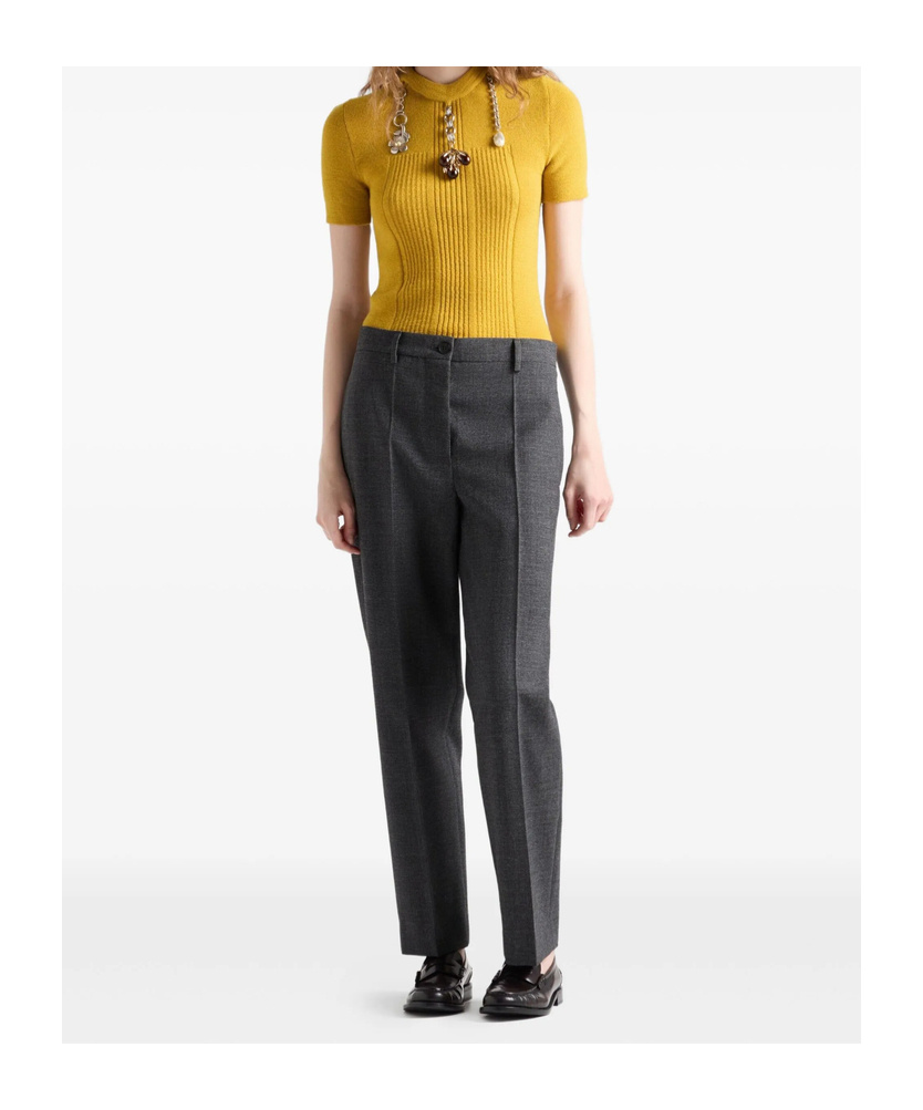 Prada Chain Embroidered Wool Knit Short-sleeve Sweater In Yellow