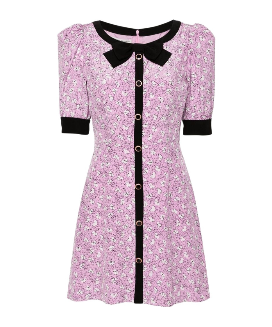 Alessandra Rich Clover Bow And Button-embellished Floral-print Silk Mini Dress In Pink