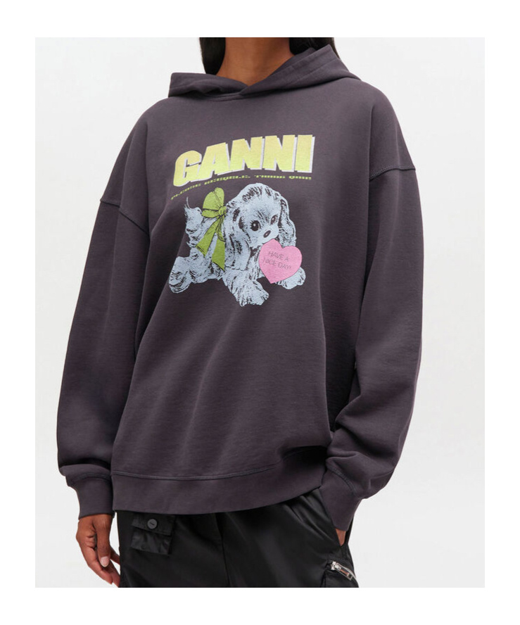 Ganni Isoli Oversized Hoodie With Graphic Puppy Print In Gray