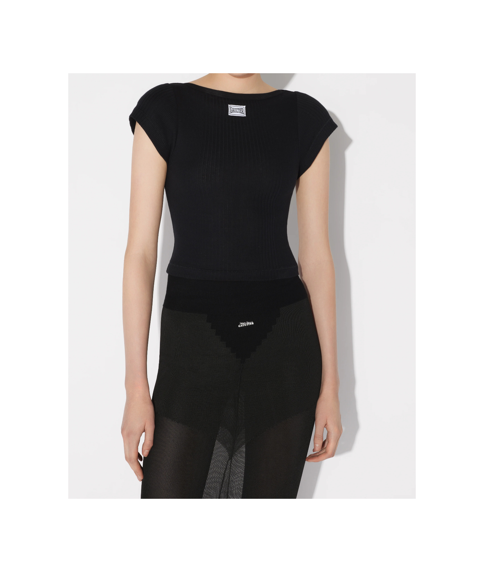 Jean Paul Gaultier Black Cropped Cotton Ribbed T-shirt With Logo In Black