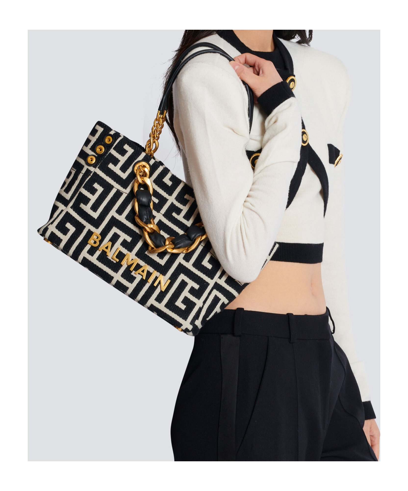 Balmain 1945 Soft Pb-monogrammed Jacquard Canvas Tote Bag In Black