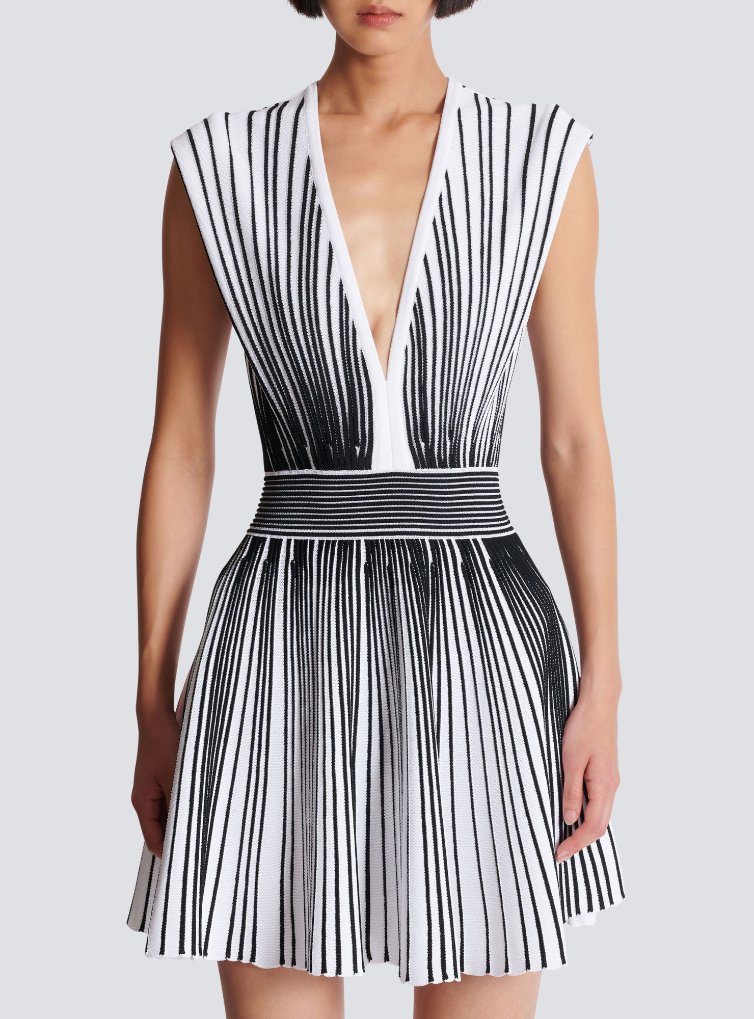 Shop Balmain Two-tone Flared Knit Dress In White