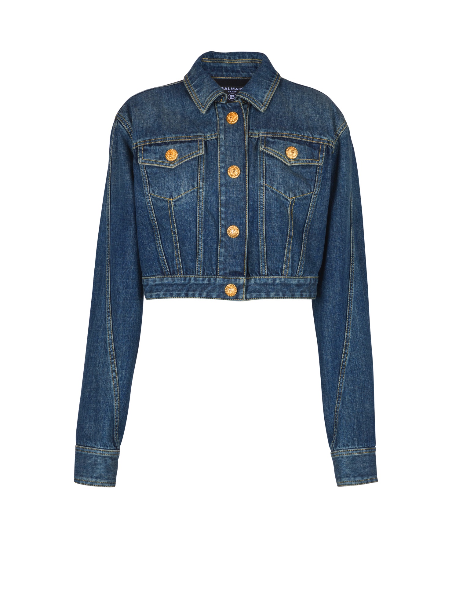 Shop Balmain Cropped Faded Denim Jacket In Blue