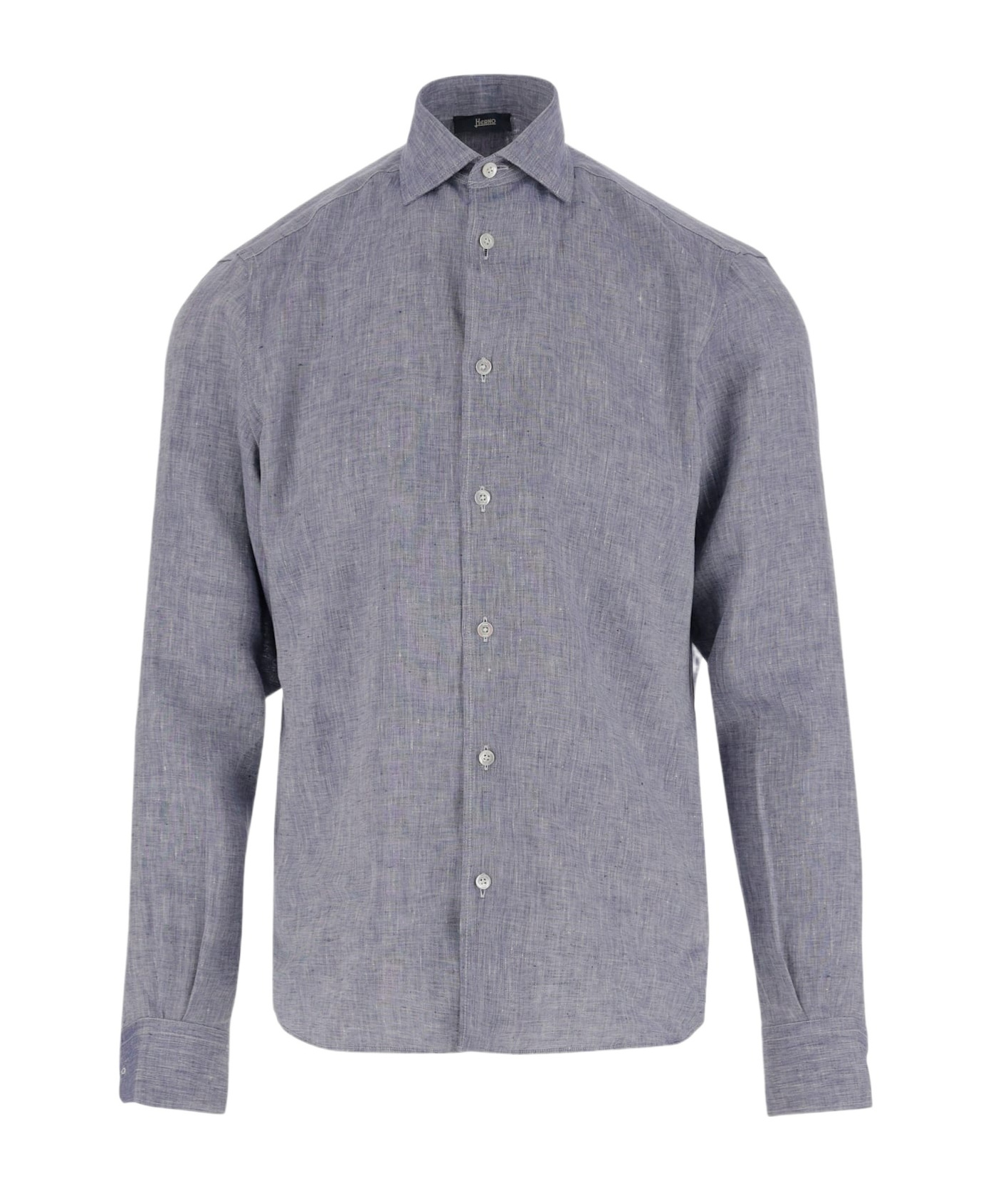 Herno Textured Grey Linen Shirt With Classic Collar In Gray