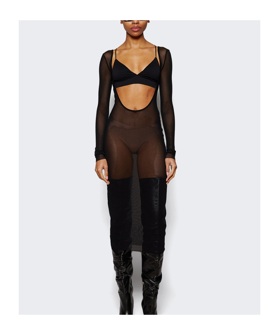 JEAN PAUL GAULTIER FLOCKED-LOGO MESH MIDI DRESS