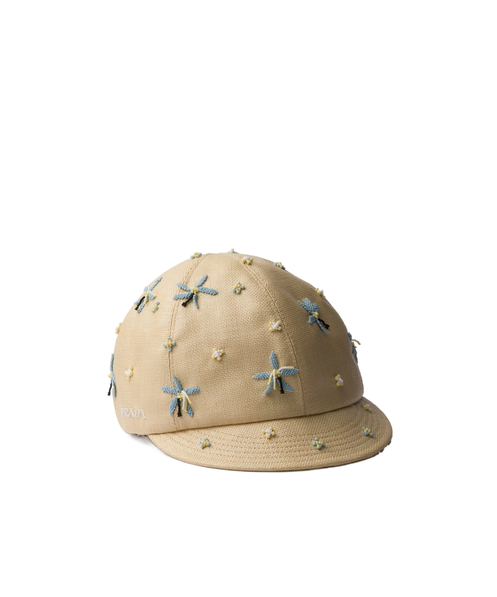 Prada Embroidered Cap In Beige/light Blue