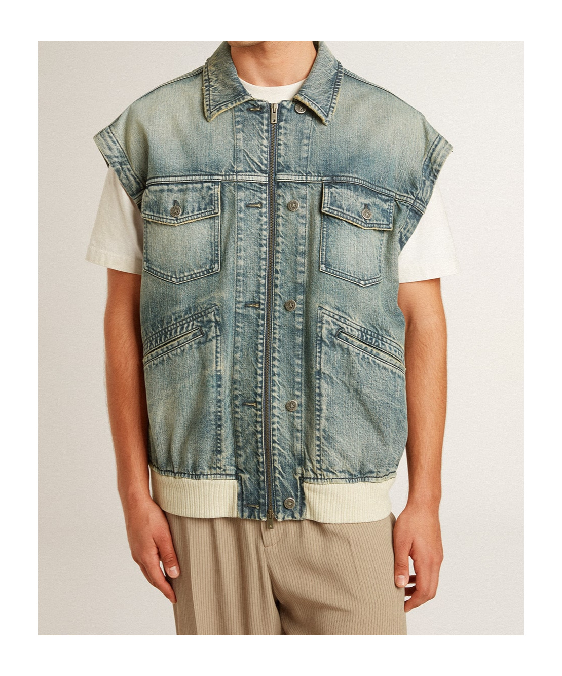 Golden Goose Men's Washed Denim Jacket With Wool Blend Ribbing In Gray