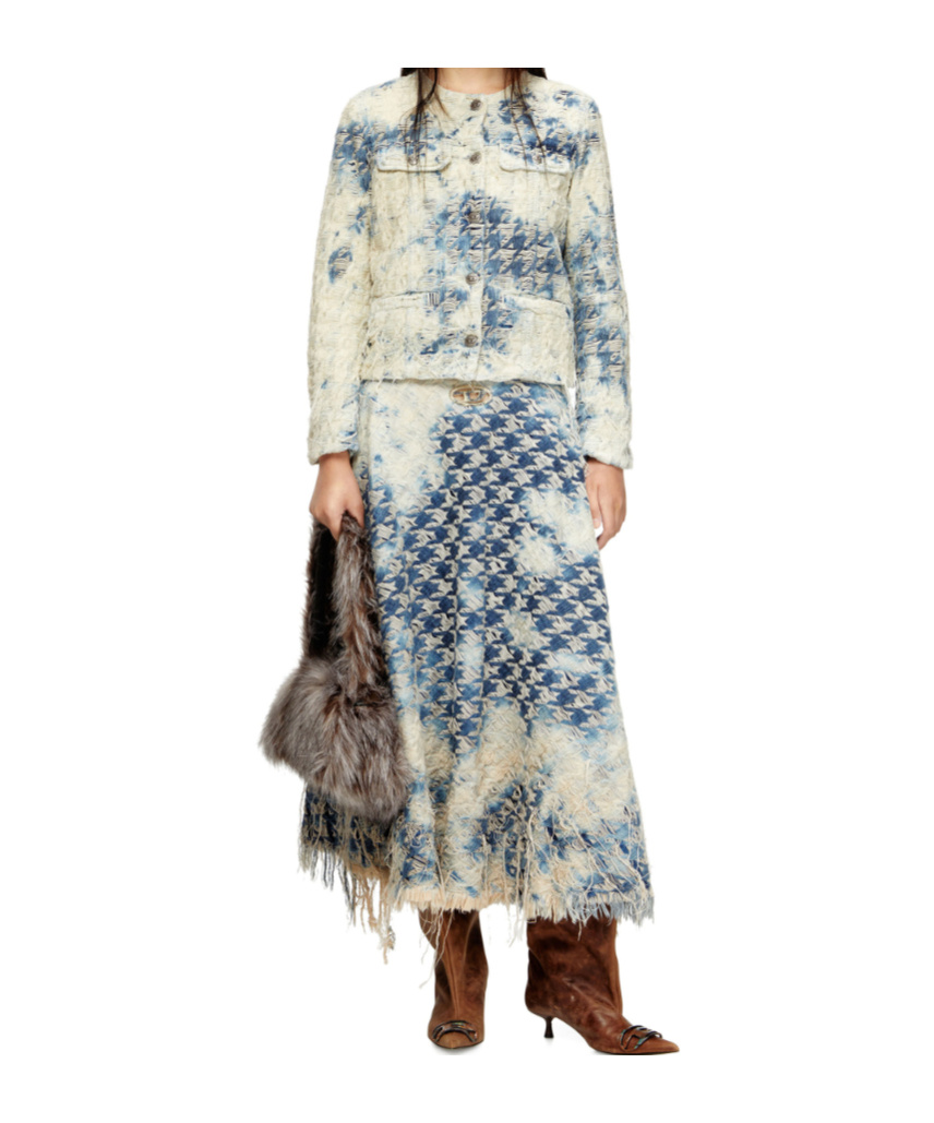 Diesel Midi Skirt In Houndstooth-weave Denim In Blue